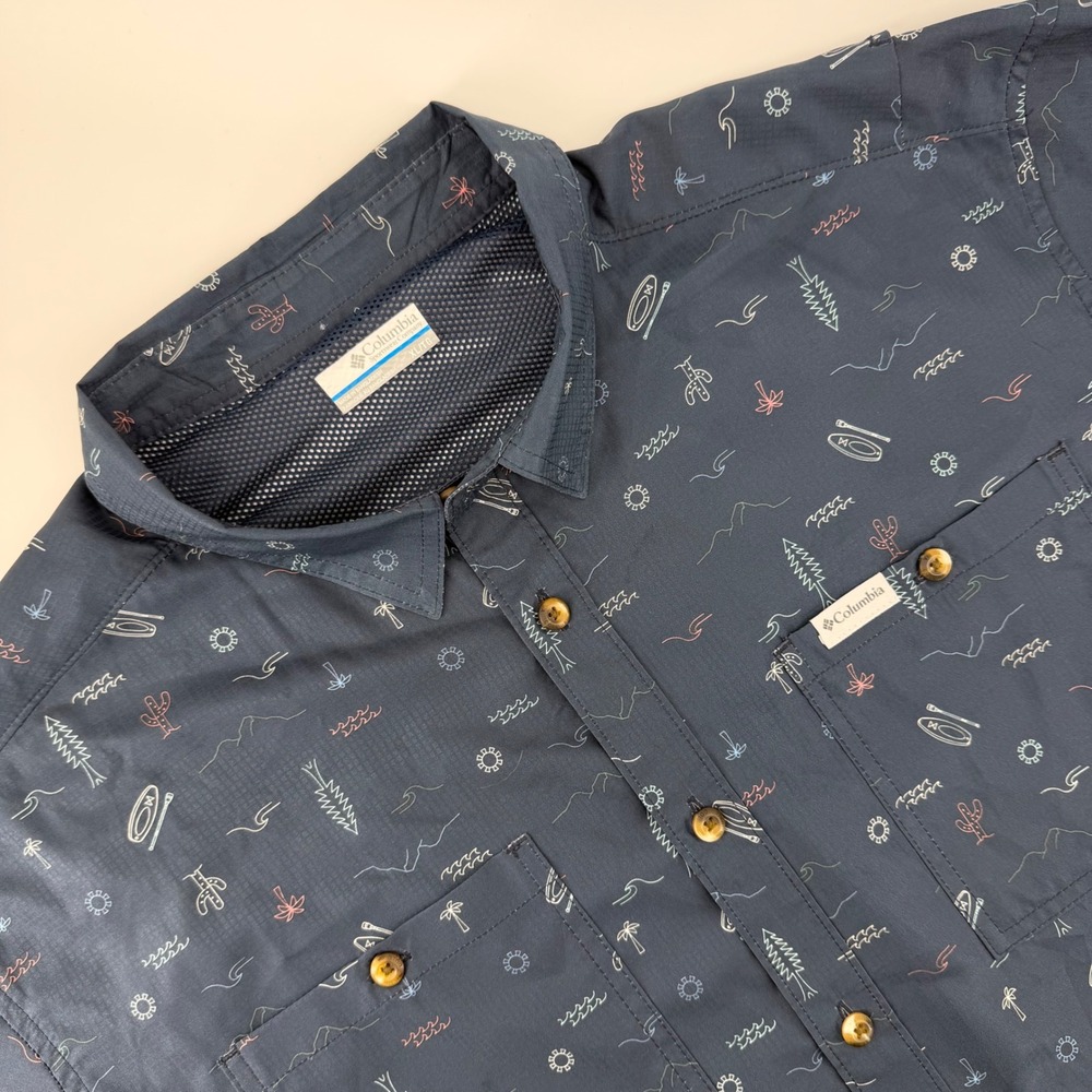 Columbia Omni-Wick Mens XL Navy Blue Outdoor Print Short Sleeve Button Up Shirt
